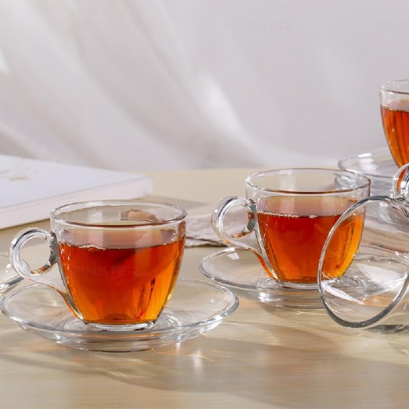 FINSTER Premium Glass Tea Cups and Saucer Set of 6 6 Cups and 6 Saucers 190 ML Transparent Stylish Handle Coffee Cups and Saucer Set for Green Herbal Lemon Tea Ideal for Guest - Image 3