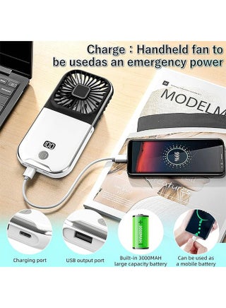 Mini Fan Portable Handheld Fan with Digital Display Rechargeable Small Battery Operated Personal Fan 5 in 1 as Power Bank Phone Holder Hand Held Fan Mini Desk Fan Travel Fan USB Fan 3000mAh 4 Speed Neck lanyard Black and White - view 3
