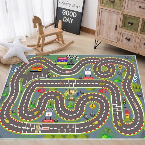 Pyrrhite Kids Rug Race Track Playmat Rugs 4731 in Kids Carpet with Rubber Backing Start and Finish line Racing Track Marking Car Road Race 3D Play Mat Nursery Rugs for Children Bedroom Playroom