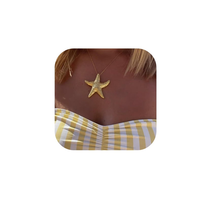 Sanyaa Seashell Starfish Necklace for Women Conch Shell Summer Pearl Beach 14k Gold Layered Dainty Choker (Big Starfish Necklace) - Image 1