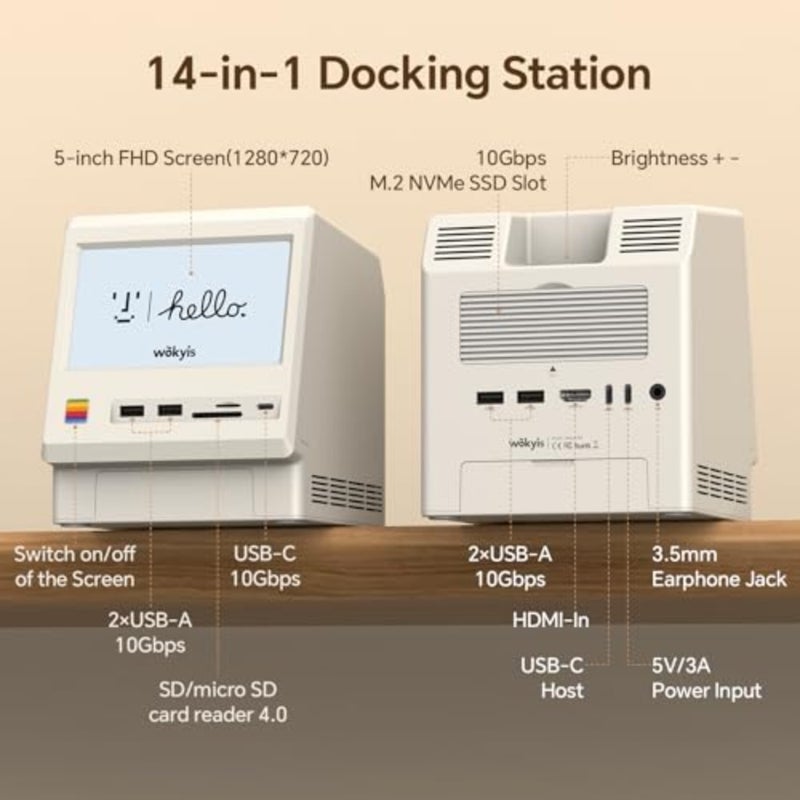 M5 Retro Docking Station for Mac mini M4, 5" HD Display, 10Gbps M.2 NVMe SSD Enclosure, SD/Micro SD Card Reader 4.0, 4X USB-A, 1x USB-C 10Gbps,3.5mm Headphone Jack - Image 3