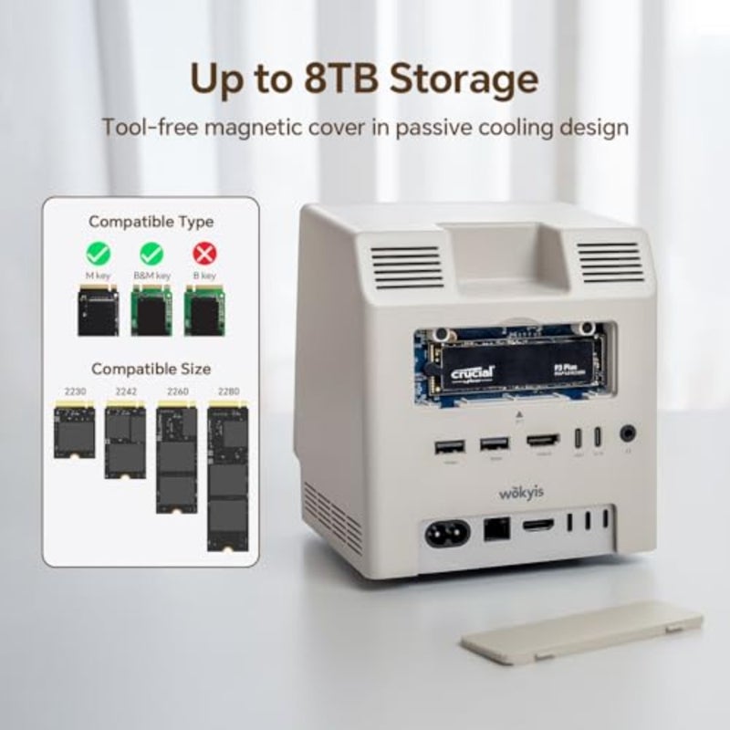 M5 Retro Docking Station for Mac mini M4, 5" HD Display, 10Gbps M.2 NVMe SSD Enclosure, SD/Micro SD Card Reader 4.0, 4X USB-A, 1x USB-C 10Gbps,3.5mm Headphone Jack - Image 5