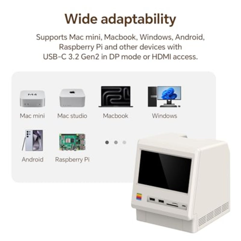 M5 Retro Docking Station for Mac mini M4, 5" HD Display, 10Gbps M.2 NVMe SSD Enclosure, SD/Micro SD Card Reader 4.0, 4X USB-A, 1x USB-C 10Gbps,3.5mm Headphone Jack - Image 4