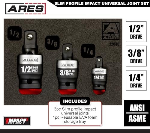 ARES 22036-3-Piece Slim Profile Impact Universal Joint Set - 1/4-Inch, 3/8-Inch and 1/2-Inch Drive Chrome Moly Steel Impact Grade U-Joint Sockets – Slim Body Profile for Superior Access - Image 2