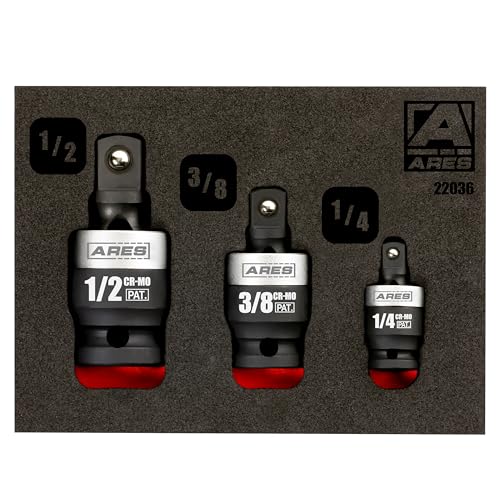 ARES 22036-3-Piece Slim Profile Impact Universal Joint Set - 1/4-Inch, 3/8-Inch and 1/2-Inch Drive Chrome Moly Steel Impact Grade U-Joint Sockets – Slim Body Profile for Superior Access - Image 1
