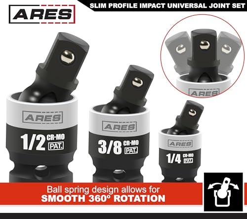 ARES 22036-3-Piece Slim Profile Impact Universal Joint Set - 1/4-Inch, 3/8-Inch and 1/2-Inch Drive Chrome Moly Steel Impact Grade U-Joint Sockets – Slim Body Profile for Superior Access - Image 4