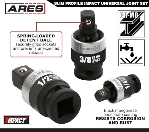 ARES 22036-3-Piece Slim Profile Impact Universal Joint Set - 1/4-Inch, 3/8-Inch and 1/2-Inch Drive Chrome Moly Steel Impact Grade U-Joint Sockets – Slim Body Profile for Superior Access - Image 3