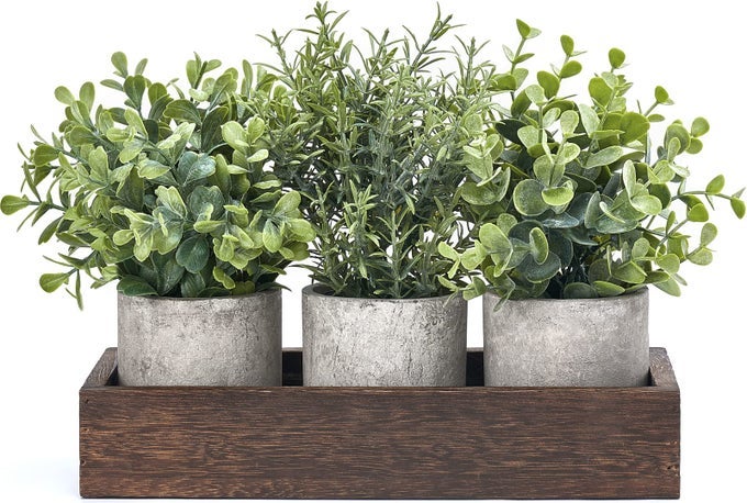 3 PACK MINI POTTED ARTIFICIAL EUCALYPTUS FAKE PLANTS WITH WOOD TRAY CENTERPIECE TABLE DECORATIONS FARMHOUSE PULP FLOWER POTS GREENERY HOME DECOR FOR COFFEE TABLE DINING ROOM OFFICE KITCHEN