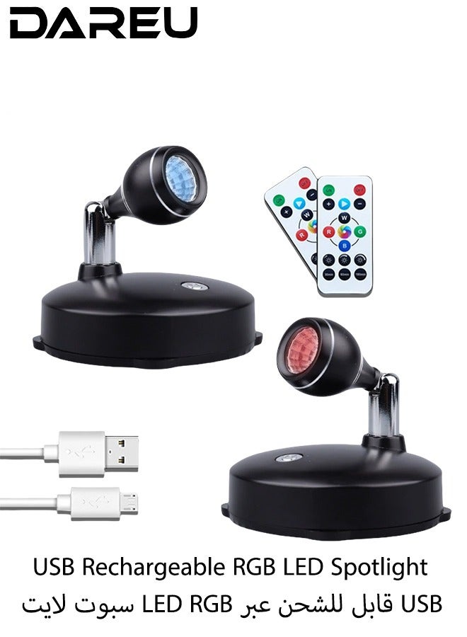 DAREU 2-Pack USB Rechargeable RGB LED Spotlight – 16 Colors + 6000K White, Remote-Controlled Dimmable Accent Lighting with Adjustable Head - Image 1
