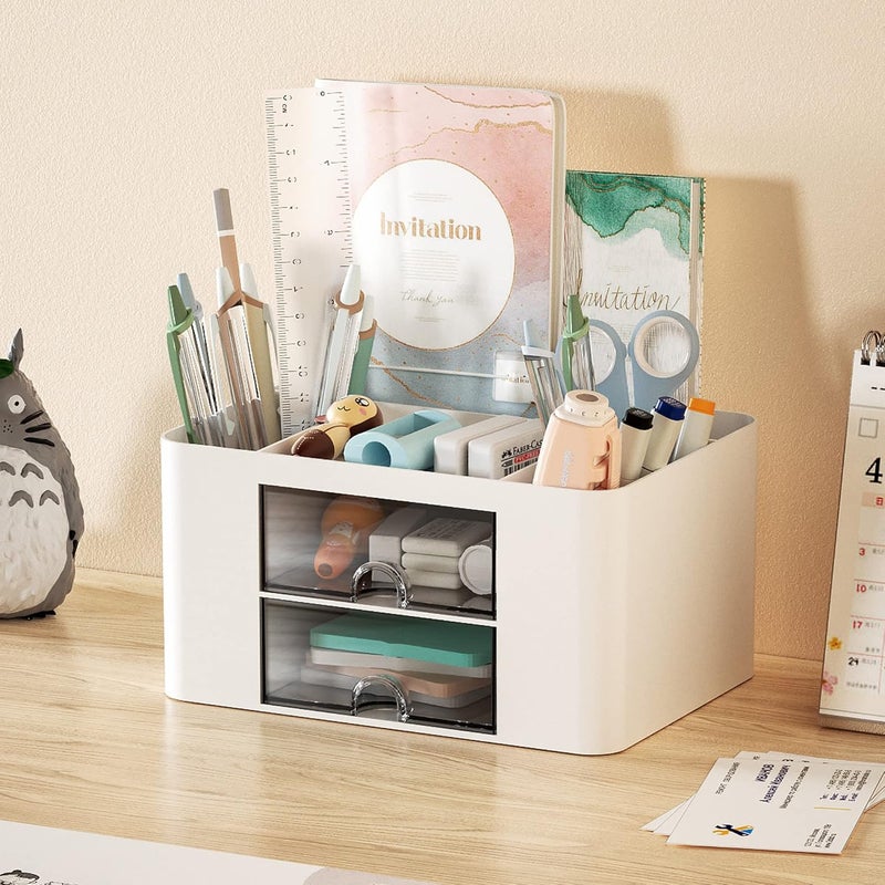 Marbrasse Desk Organizer with Drawer, Multi-Functional Pencil Holder, White - Image 3