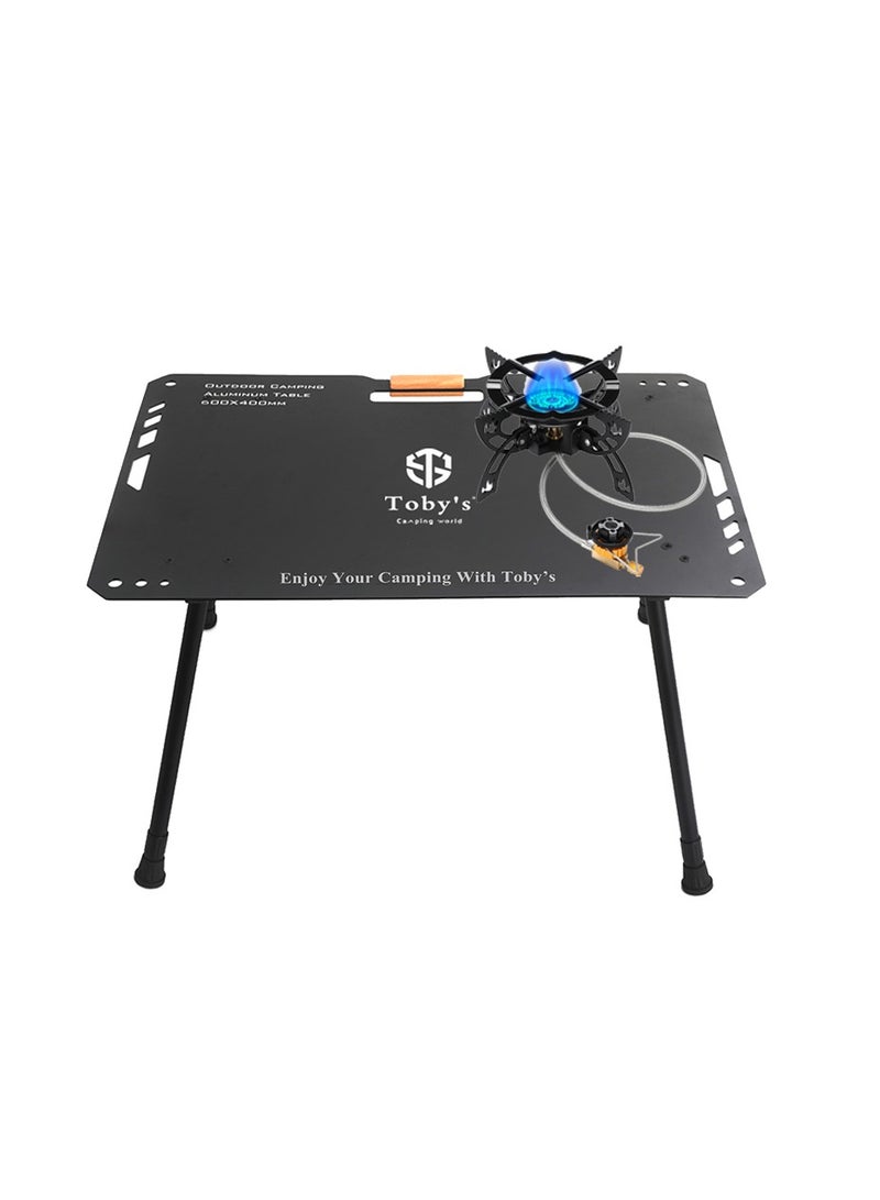 توبيز موقد توبي المحمول 23800 واط مقاوم للرياح مع إشعال بيزو + طاولة تخييم قابلة للطي من الألومنيوم باللون الأسود للرحلات والنزهات الخارجية - Image 1
