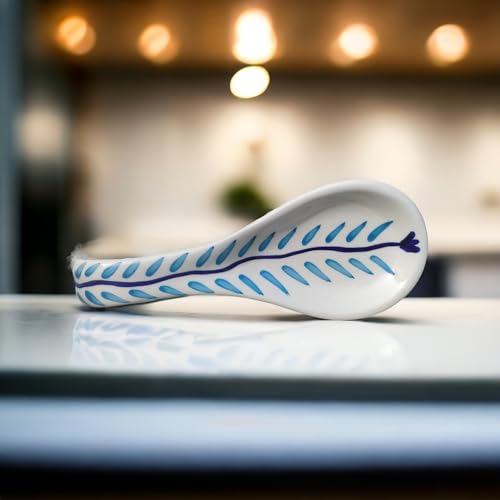 Malaikah Ceramic Spoon Rest Sky Blue Leaf Print Hand-Made, Ideal for Kitchen, Tableware, Cutlery Rest, Pack of 1 - Image 5