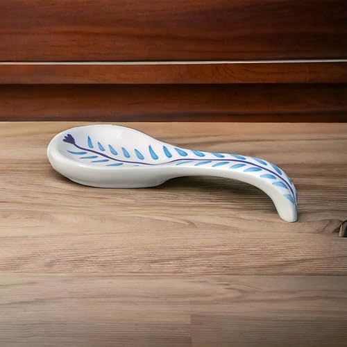 Malaikah Ceramic Spoon Rest Sky Blue Leaf Print Hand-Made, Ideal for Kitchen, Tableware, Cutlery Rest, Pack of 1 - Image 4