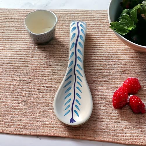 Malaikah Ceramic Spoon Rest Sky Blue Leaf Print Hand-Made, Ideal for Kitchen, Tableware, Cutlery Rest, Pack of 1 - Image 2