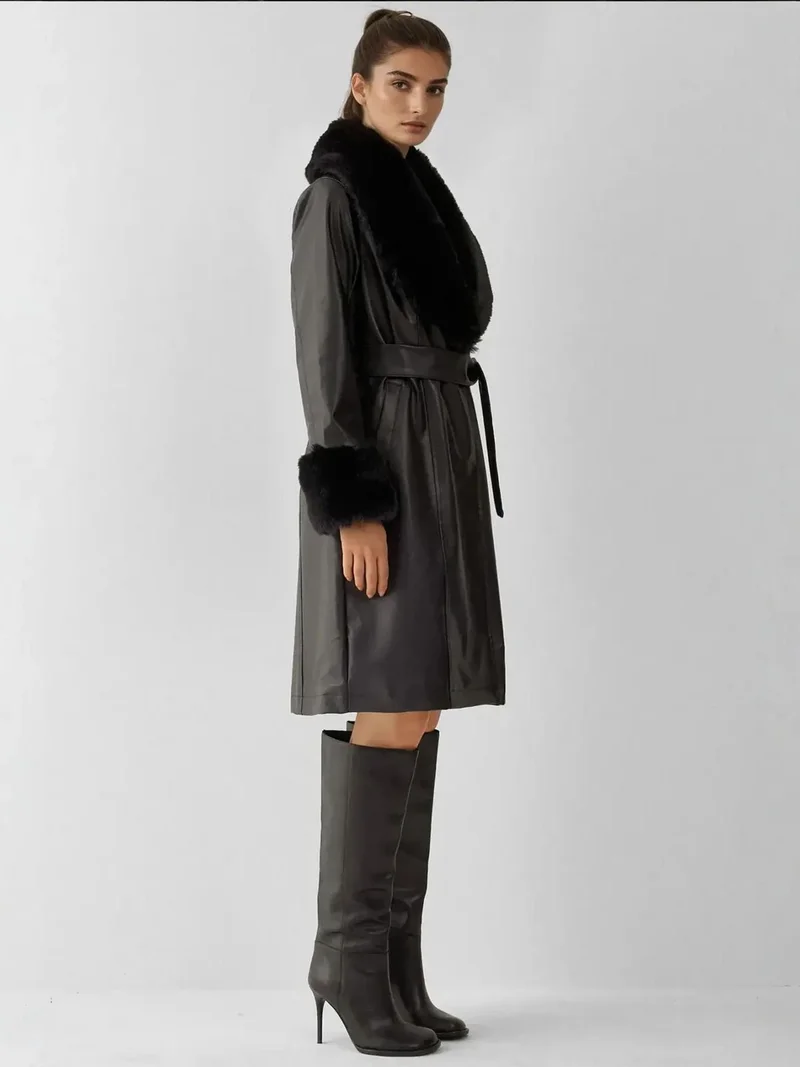 BIG DART BDART Long Faux Leather Coat with Shawl Collar