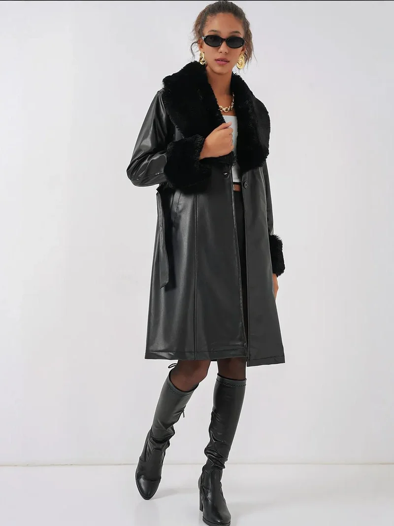 BIG DART BDART Long Faux Leather Coat with Shawl Collar