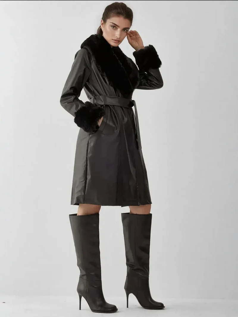 BIG DART BDART Long Faux Leather Coat with Shawl Collar