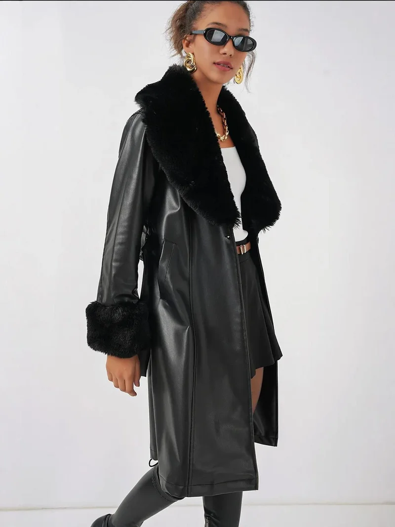 BIG DART BDART Long Faux Leather Coat with Shawl Collar