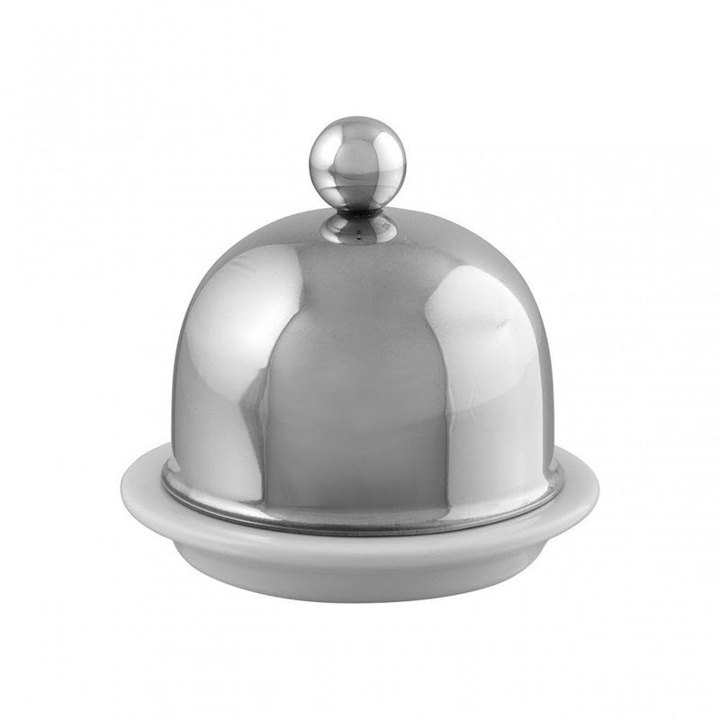 Mauviel M'Tradition Stainless Steel Porcelain Butter Dish With Stainless Steel Knob, 3.5-in, Made in France