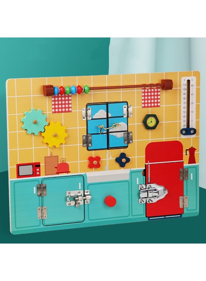 Children's Hexahedral Multifunctional Montessori Busy Board Early Childhood Indoor Fun Training Organization Unlock Educational Toys-Color:FH-kitchen Theme Busy Board  - Image 1