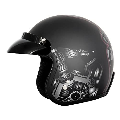 VCAN V85C 34 Open Face Motorcycle Helmet DOT Approved Matte Black Red Skull Medium - Image 1