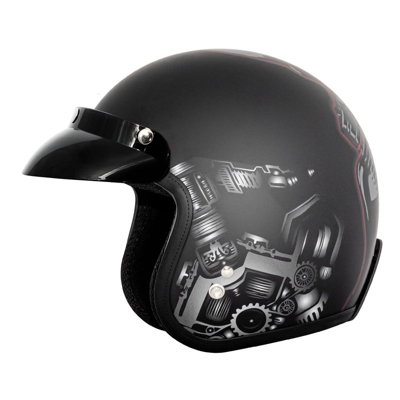 VCAN V85C 34 Open Face Motorcycle Helmet DOT Approved Matte Black Red Skull Medium - Image 3