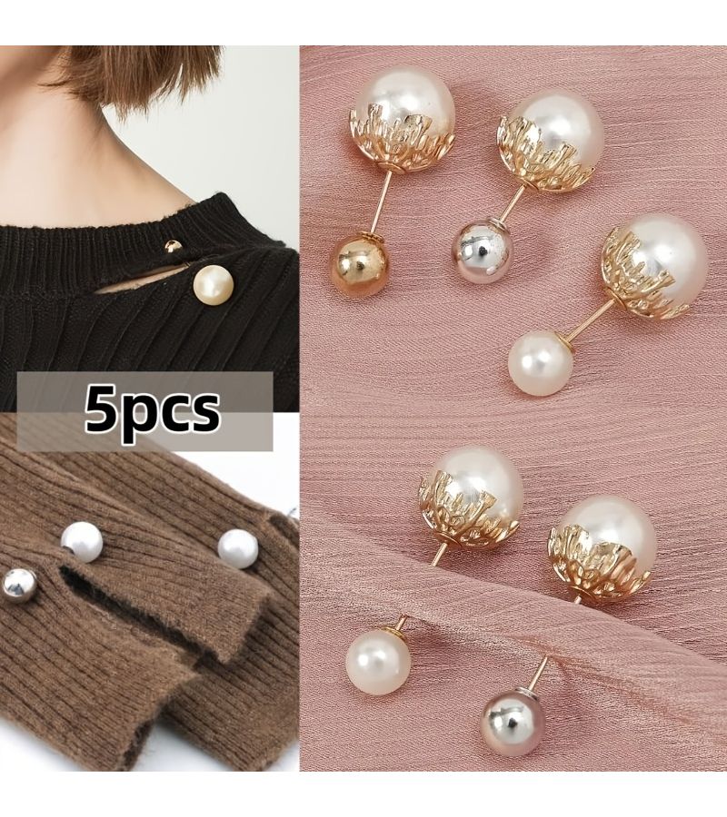 5 Pcs Elegant Artificial Pearl Collar Fixing Pins Buttons No Sewing Required Detachable Pearls Prevent Collar Exposure Sleeve Waistband Scarf Fixing Adjustment Buttons - Image 1