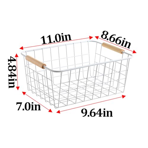 LeleCAT white wire baskets for organizing with Wooden Handles Storage Organizer Baskets, Household snack basket for Cabinets, Pantry, Closets, Bedrooms, pantry organizers and storage - Set of 2（White） - Image 2