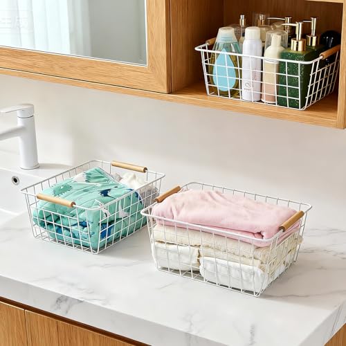 LeleCAT white wire baskets for organizing with Wooden Handles Storage Organizer Baskets, Household snack basket for Cabinets, Pantry, Closets, Bedrooms, pantry organizers and storage - Set of 2（White） - Image 4