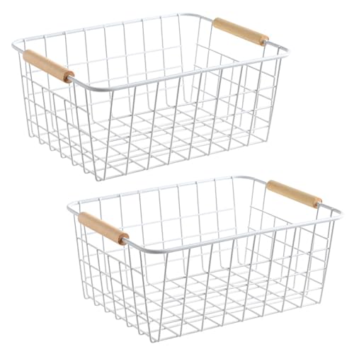 LeleCAT white wire baskets for organizing with Wooden Handles Storage Organizer Baskets, Household snack basket for Cabinets, Pantry, Closets, Bedrooms, pantry organizers and storage - Set of 2（White） - Image 1
