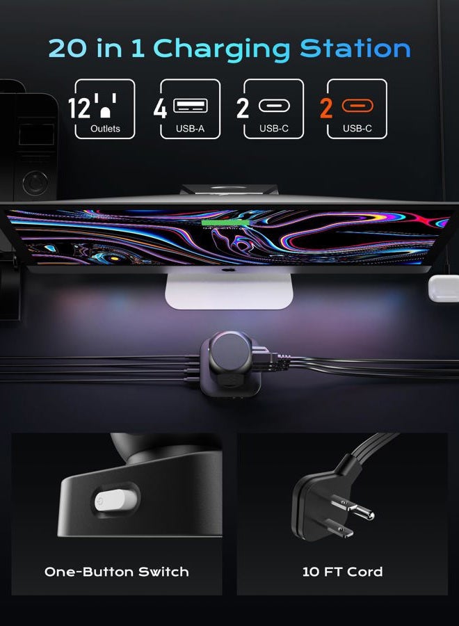 TenTrend Dual PD 20W Power Strip Tower, TenTrend Surge Protector Power Strip with 12 AC Outlets & 8 USB Ports (4 USB C), 40W Desk Fast Charging Station, 10FT Flat Plug Extension Cord for Desk Office Dorm Room - Image 2