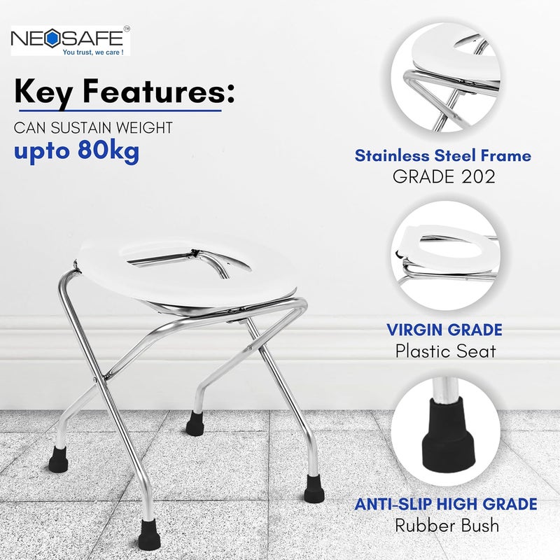 NEOSAFE Stainless Steel Premium Folding Shower Bathing Room Commode Stool Indian Toilet Seat for Elderly Disabled Man and Pregant Women Support Safe Chair Anti-Slip (White) - Image 3