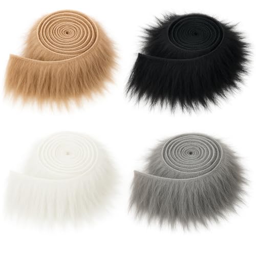 LUFEEMGA 4PCS Faux Fur Fabric 2" x 60" Fluffy Shaggy Craft Strips for DIY Crafts, Fake Fluffy Fur for Dwarf Hair Cosplay Costume Fursuit Decorations, Khaki Black White Light Grey - Image 1