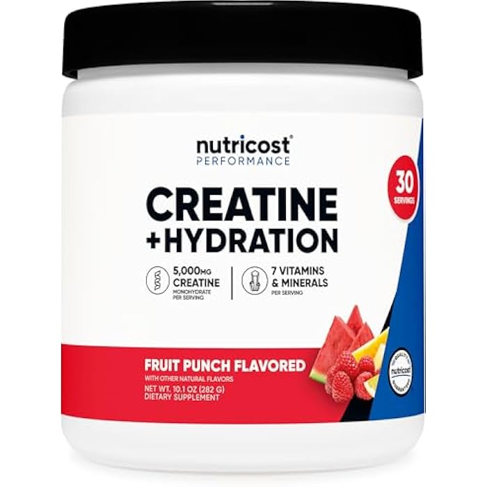 Nutricost Creatine Monohydrate + Hydration Fruit Punch Flavored (30 Servings) - 7 Vitamins & Minerals, 5000mg of Creatine Per Serving - Image 1