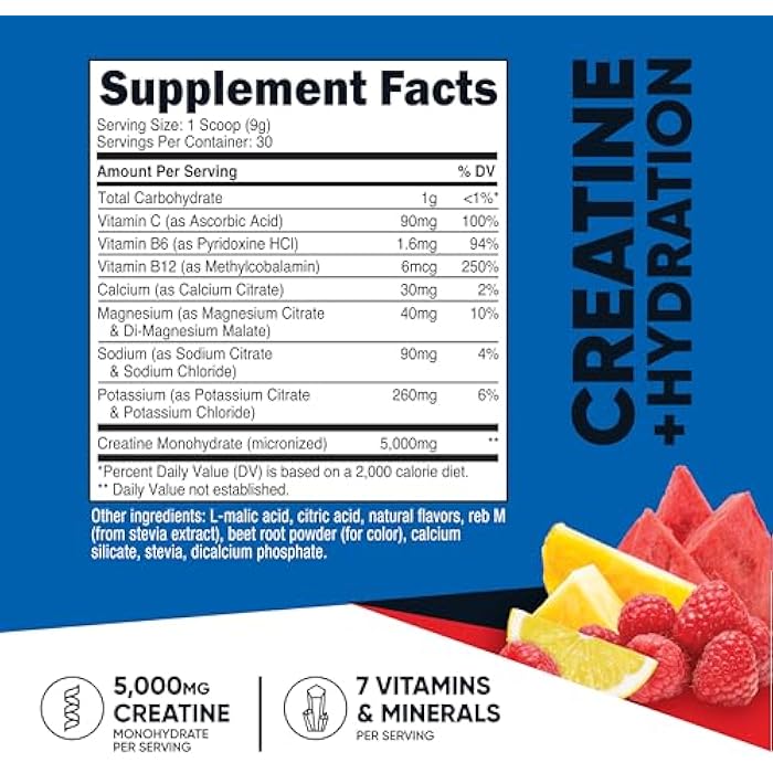 Nutricost Creatine Monohydrate + Hydration Fruit Punch Flavored (30 Servings) - 7 Vitamins & Minerals, 5000mg of Creatine Per Serving - Image 2