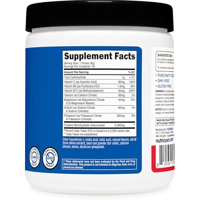 Nutricost Creatine Monohydrate + Hydration Fruit Punch Flavored (30 Servings) - 7 Vitamins & Minerals, 5000mg of Creatine Per Serving - Image 5