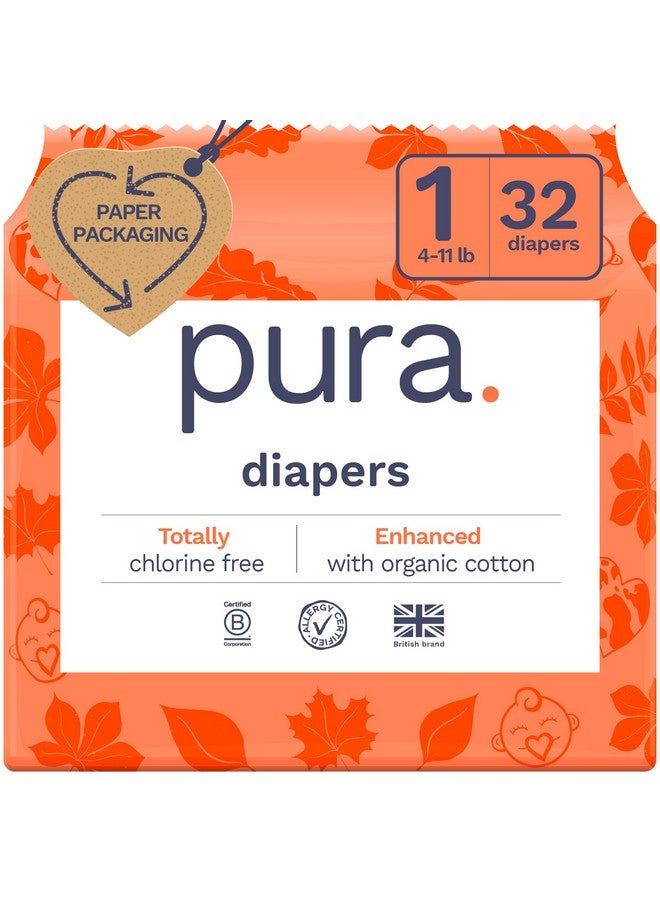 Pura Hypoallergenic Diapers, Size 1 (4-11 lbs), Newborn, Totally Chlorine Free, Wetness Indicator, Suitable for Sensitive Skin, Soft Organic Cotton Comfort, Overnight, 1 Pack of 32 Baby Diapers - Image 1