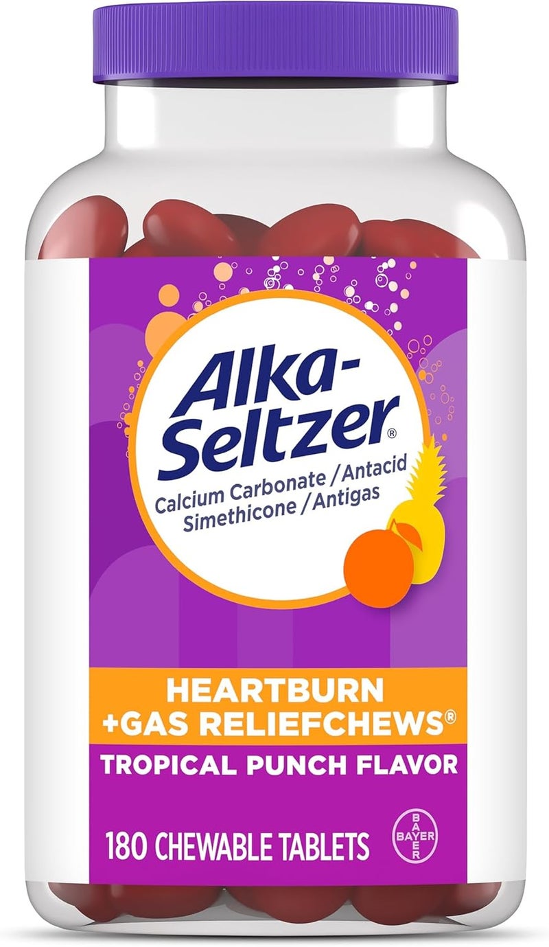 Alka-Seltzer Heartburn+Gas ReliefChews, Fast Antacid + Antigas Relief from Heartburn, Bloating, and Pressure, Fast Acting, Tropical Flavored Heartburn Medicine, 180 Ct (Package May Vary)