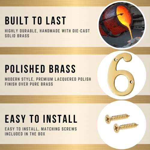 A10SHOP Motif 4-Inch Brass Letters Mailbox Decor Address Signs For Houses Outdoor Wall Decor Mailbox Numbers House Address Numbers For Outside Address Sign for Door Numbers (Polished, Number 6) - Image 3