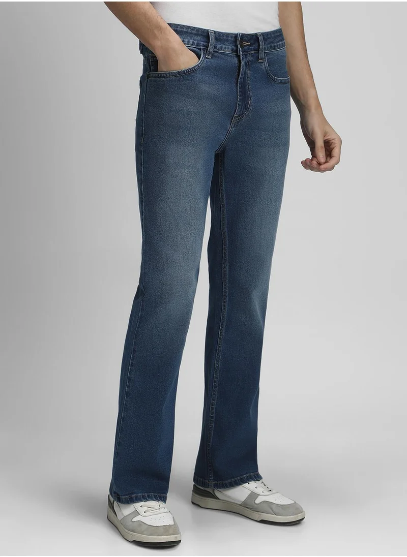دينيس لينغو Men's Indigo Cotton Blend Solid Full Length Bootcut Jeans