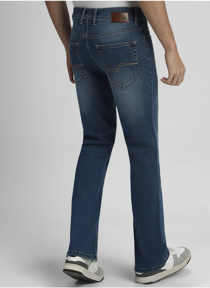 دينيس لينغو Men's Indigo Cotton Blend Solid Full Length Bootcut Jeans