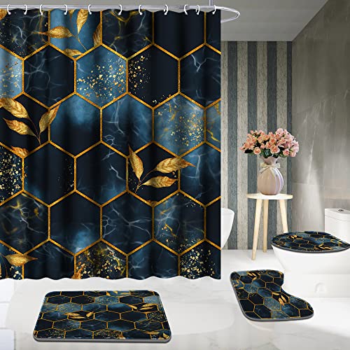 Poedist 4 Pcs Bathroom Shower Curtain Set,Bathroom Sets with Rugs(Bath Mat,U Shape and Toilet Lid Cover Mat) and 12 Hooks,Black and Blue Honeycomb Marble - Image 5