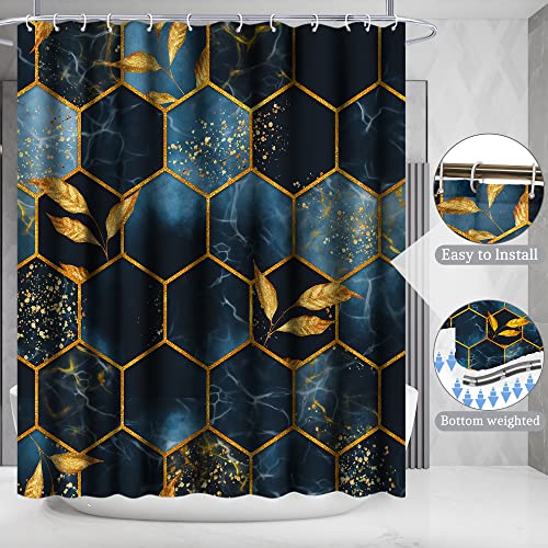Poedist 4 Pcs Bathroom Shower Curtain Set,Bathroom Sets with Rugs(Bath Mat,U Shape and Toilet Lid Cover Mat) and 12 Hooks,Black and Blue Honeycomb Marble - Image 3