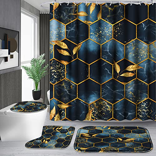 Poedist 4 Pcs Bathroom Shower Curtain Set,Bathroom Sets with Rugs(Bath Mat,U Shape and Toilet Lid Cover Mat) and 12 Hooks,Black and Blue Honeycomb Marble - Image 1
