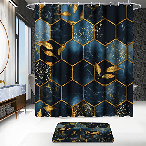 Poedist 4 Pcs Bathroom Shower Curtain Set,Bathroom Sets with Rugs(Bath Mat,U Shape and Toilet Lid Cover Mat) and 12 Hooks,Black and Blue Honeycomb Marble - Image 2