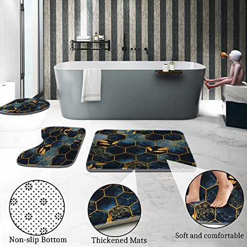 Poedist 4 Pcs Bathroom Shower Curtain Set,Bathroom Sets with Rugs(Bath Mat,U Shape and Toilet Lid Cover Mat) and 12 Hooks,Black and Blue Honeycomb Marble - Image 4