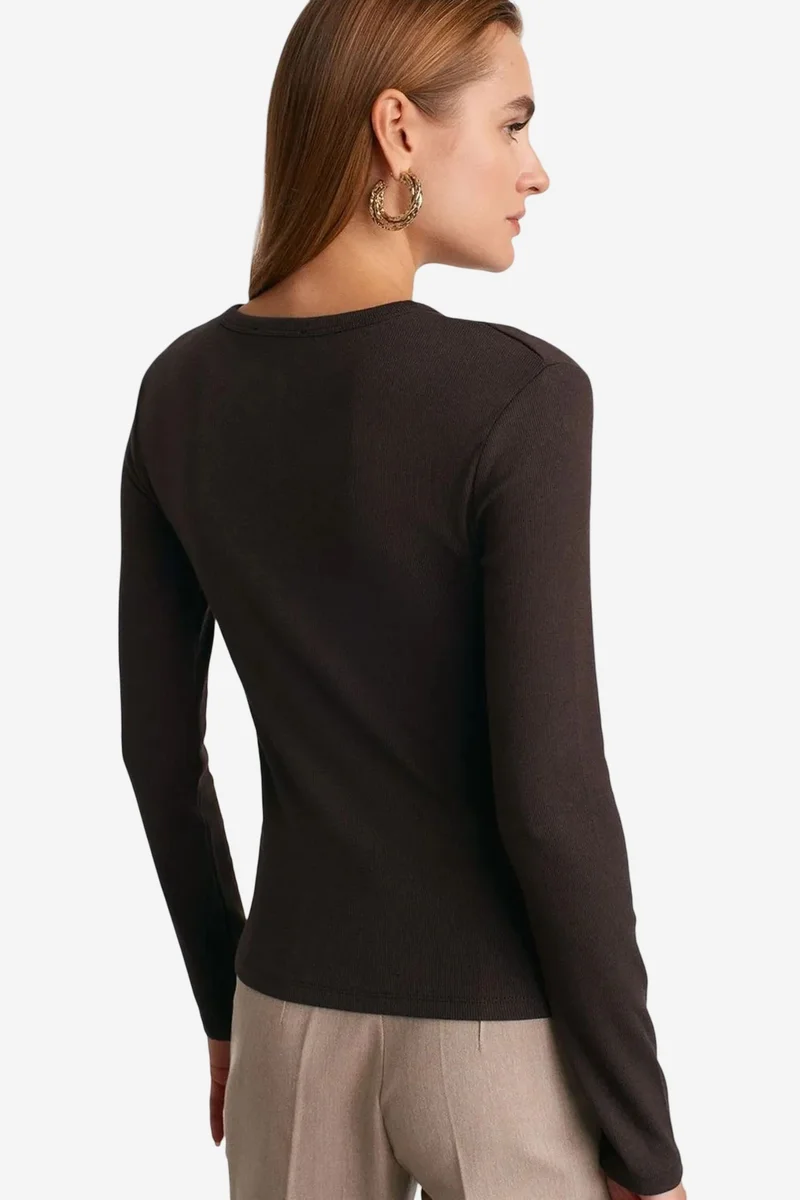 Dilvin Charcoal Grey DILVIN Ribbed Crew Neck Button Blouse for Women | Best Price UAE