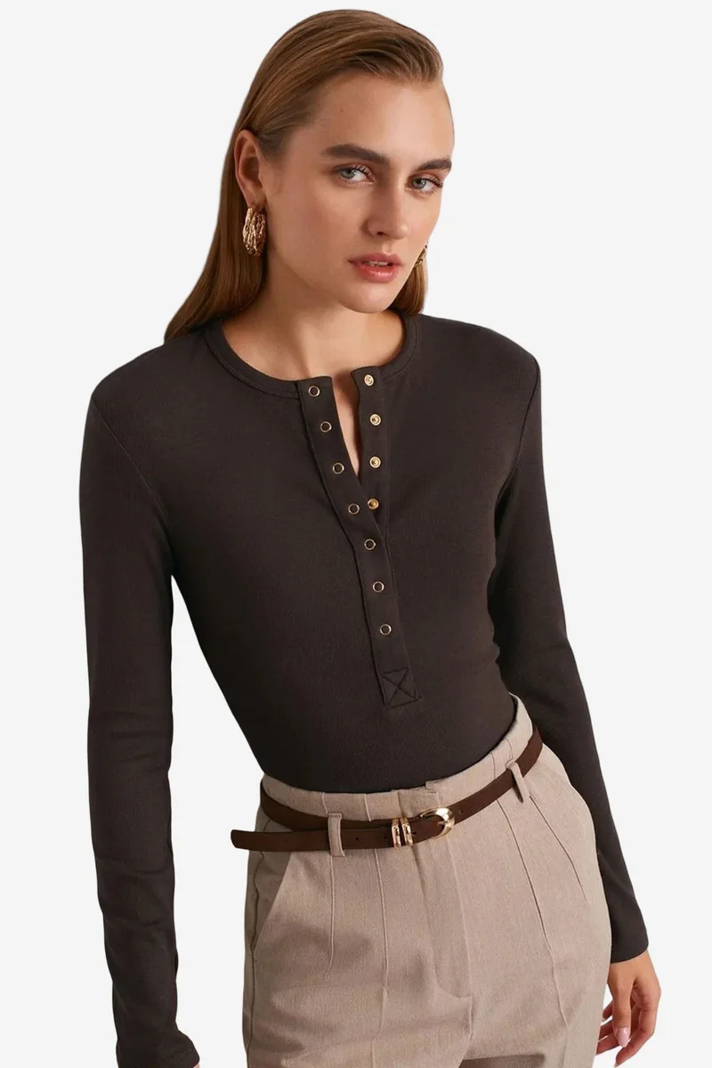 Dilvin Charcoal Grey DILVIN Ribbed Crew Neck Button Blouse for Women | Best Price UAE