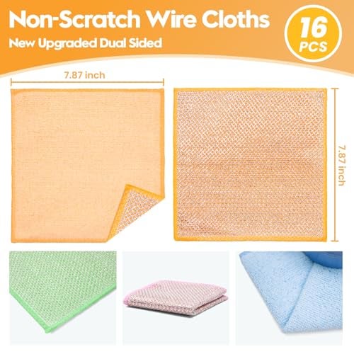 Phafaloop 16 Pcs Multipurpose Wire Dishwashing Rags, Upgraded Dual-Sided Non Scratch Wire Dishcloth, Reusable Metal Wash Cloth, Steel Wool Cleaning Cloths for Kitchen, Cookware, Sinks, Stove Tops - Image 2