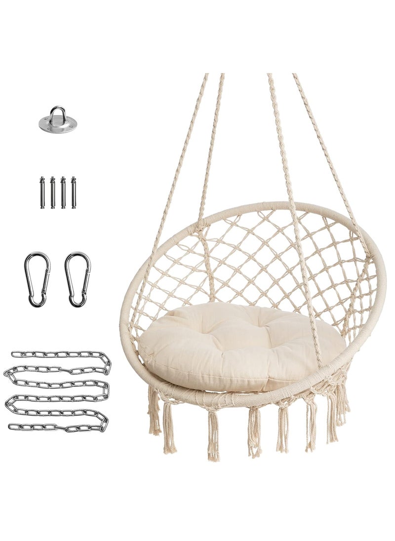 THE TOP KNOTT The Top Knott Hammock Chair Macrame Swing with Cushion and Durable Hanging Hardware Kits Handmade Knitted Mesh Hanging Rope Chair for Indoor Outdoor Bedroom Patio Deck Lounge Garden Beige  - Image 1